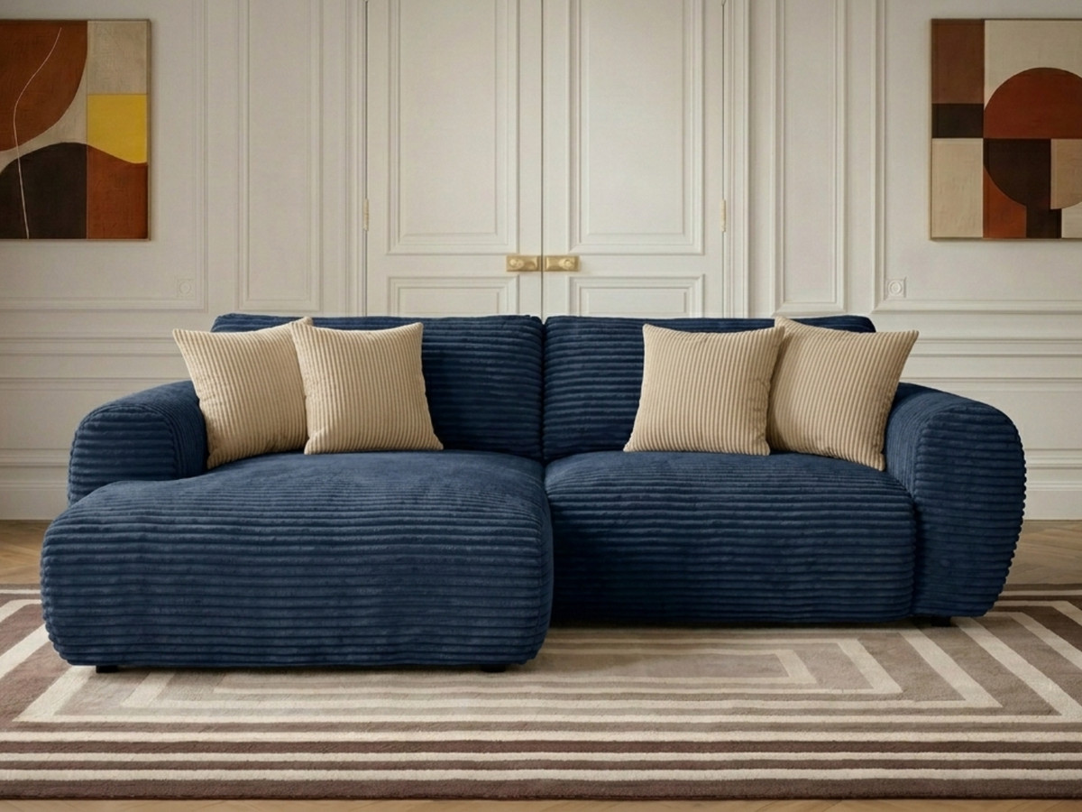 Canapé d'angle compact convertible coffre LUCIEN gros côtelé doux