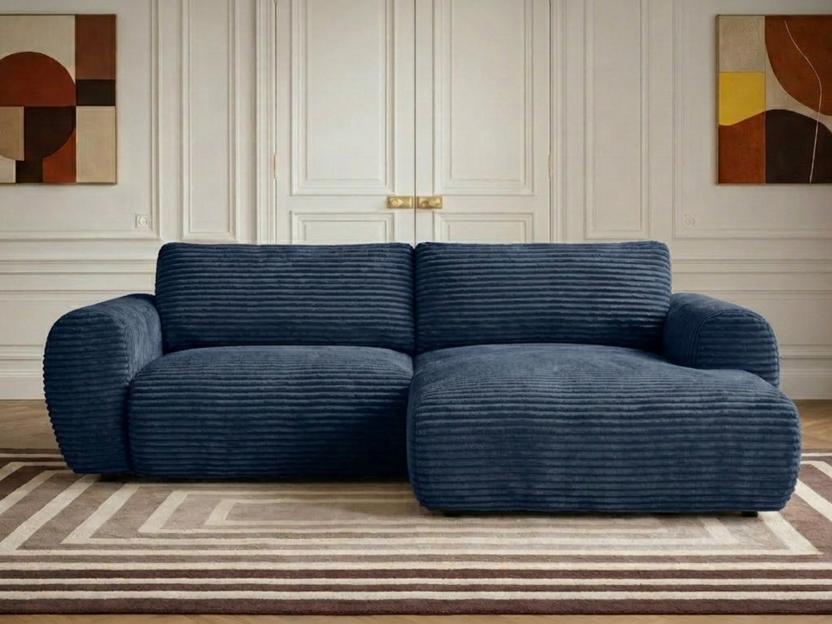 Canapé d'angle compact convertible coffre LUCIEN gros côtelé doux bleu foncé — vue 6