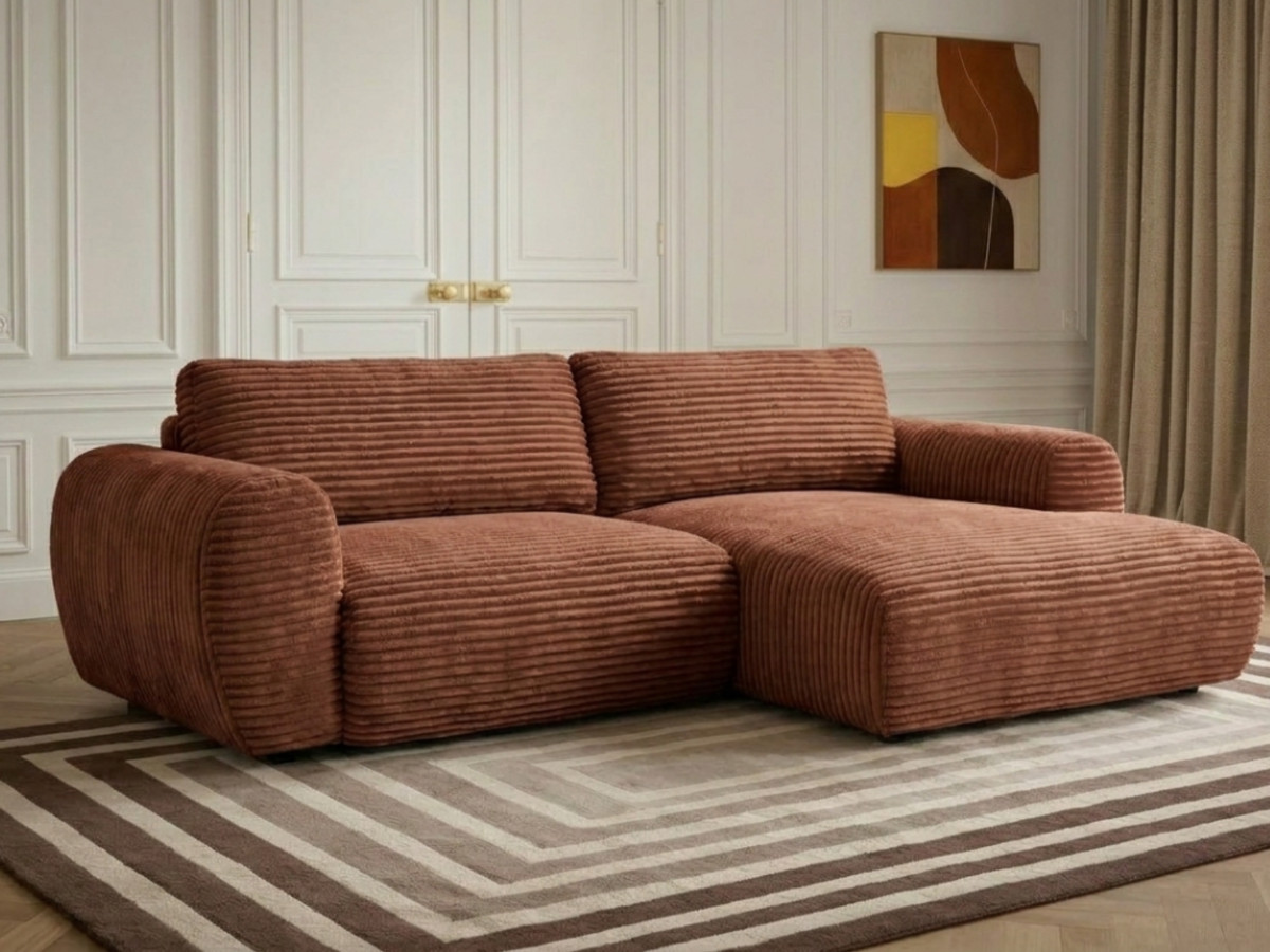 Canapé d'angle compact convertible coffre LUCIEN gros côtelé doux orange — vue 4