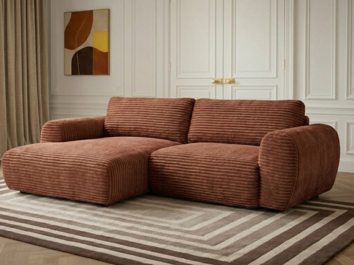 Canapé d'angle compact convertible coffre LUCIEN gros côtelé doux