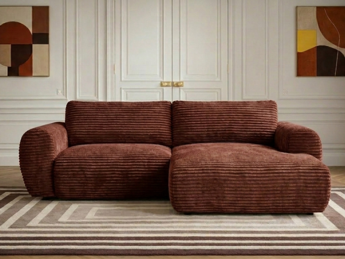 Canapé d'angle compact convertible coffre LUCIEN gros côtelé doux orange — vue 5