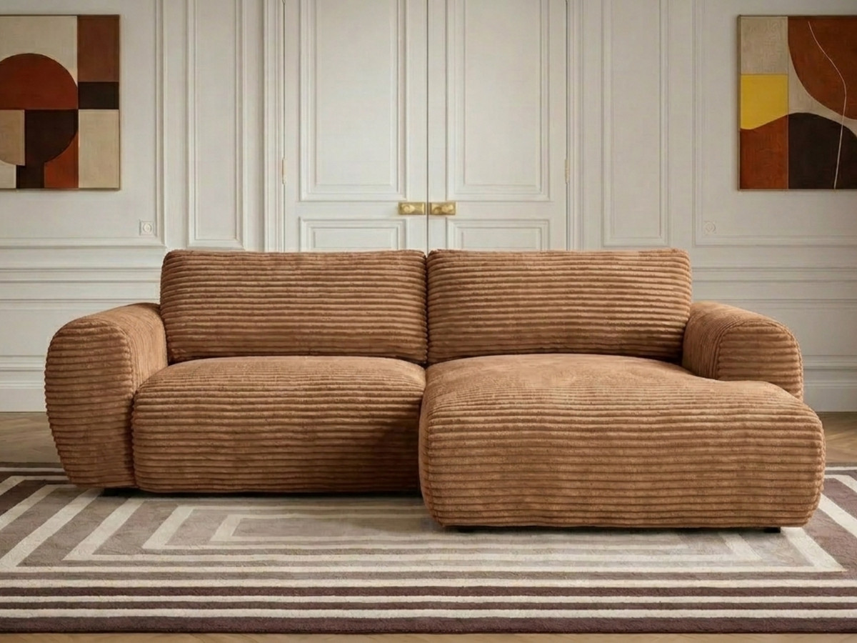 Canapé d'angle compact convertible coffre LUCIEN gros côtelé doux jaune — vue 5