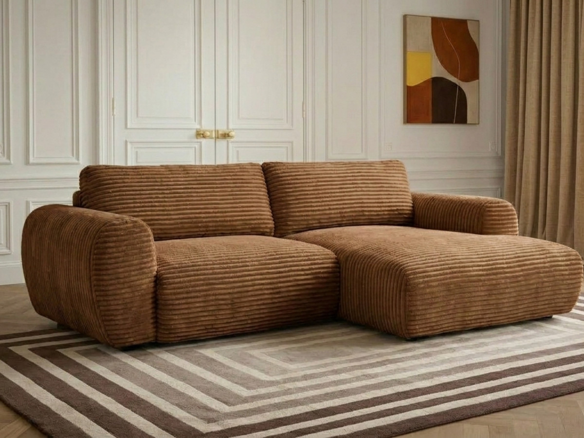 Canapé d'angle compact convertible coffre LUCIEN gros côtelé doux jaune — vue 4