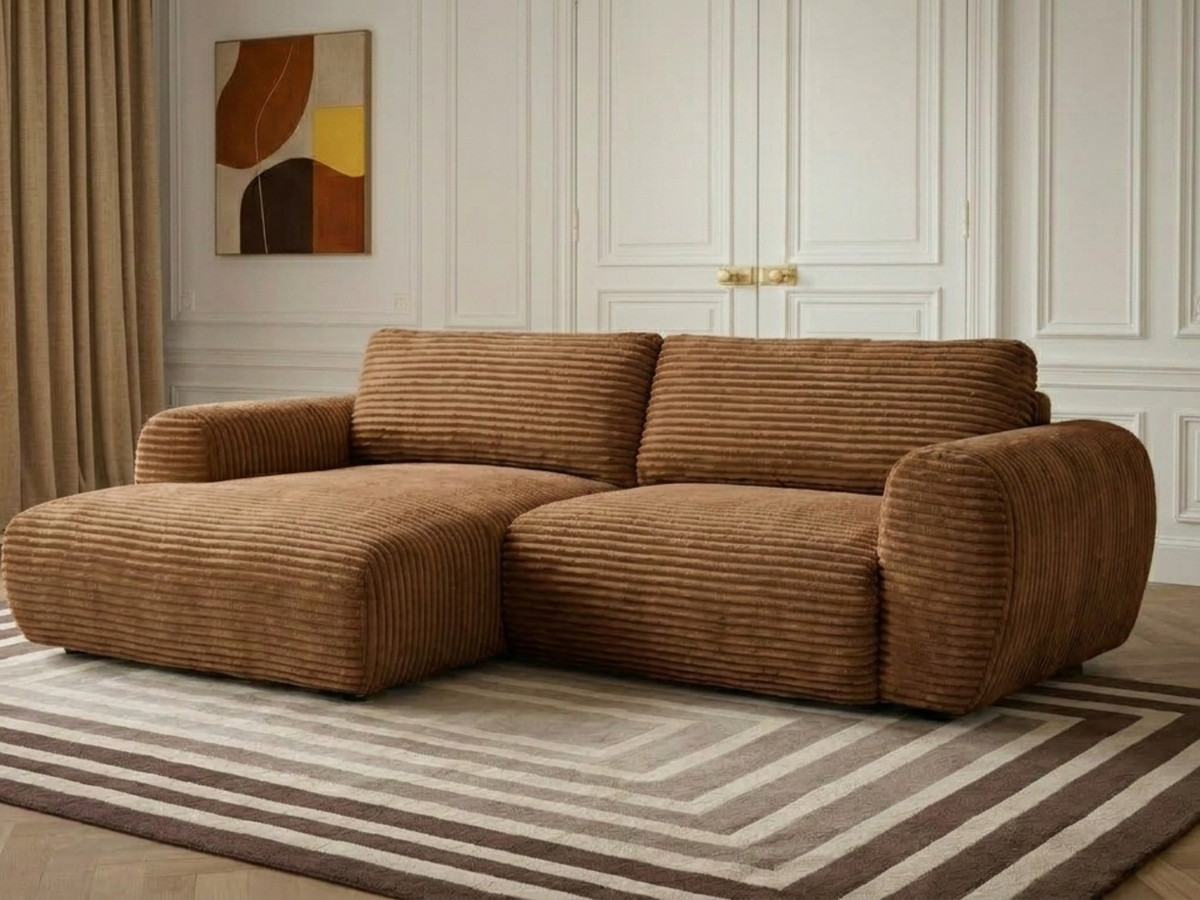 Canapé d'angle compact convertible coffre LUCIEN gros côtelé doux