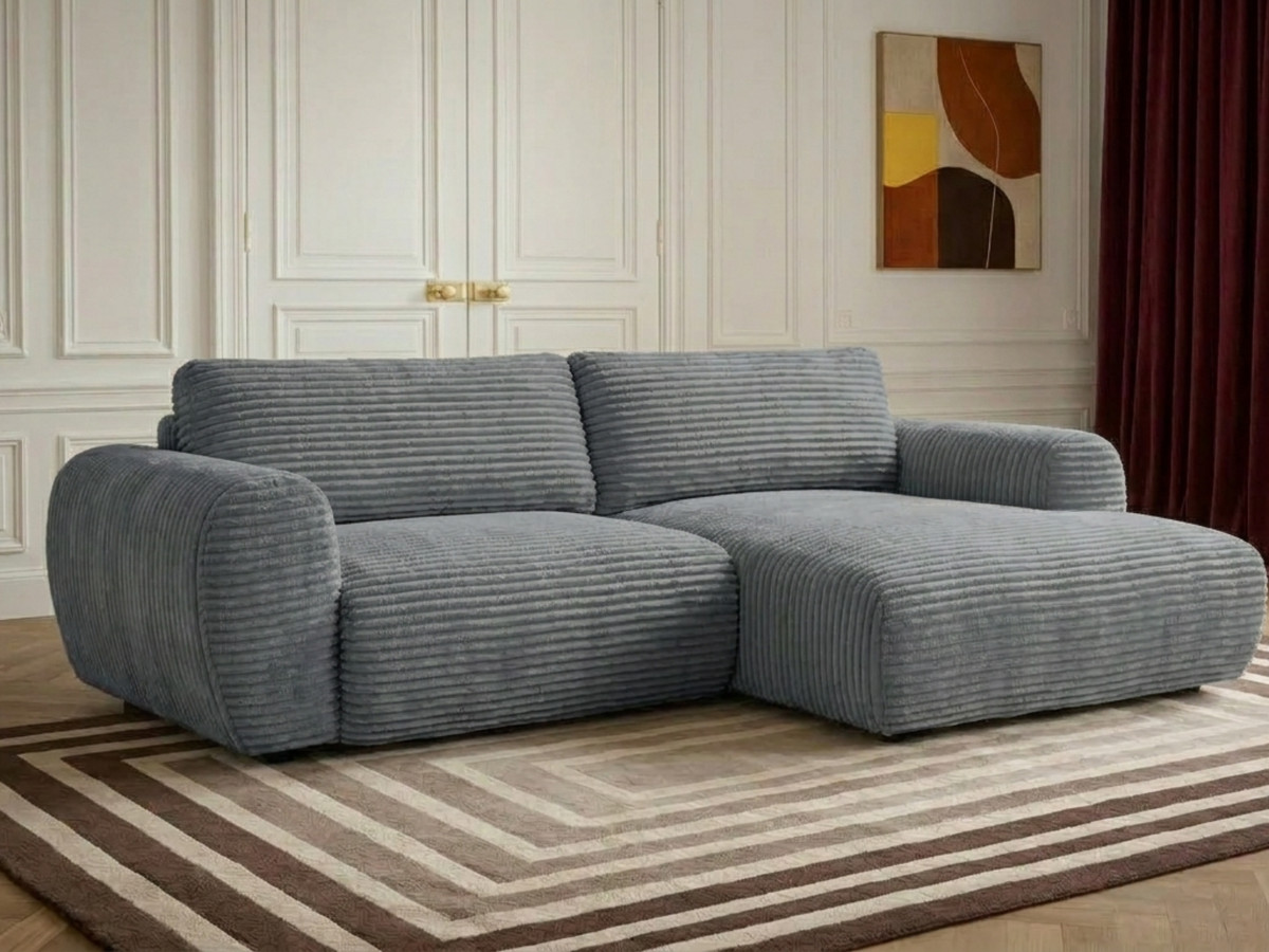 Canapé d'angle compact convertible coffre LUCIEN gros côtelé doux gris foncé — vue 4