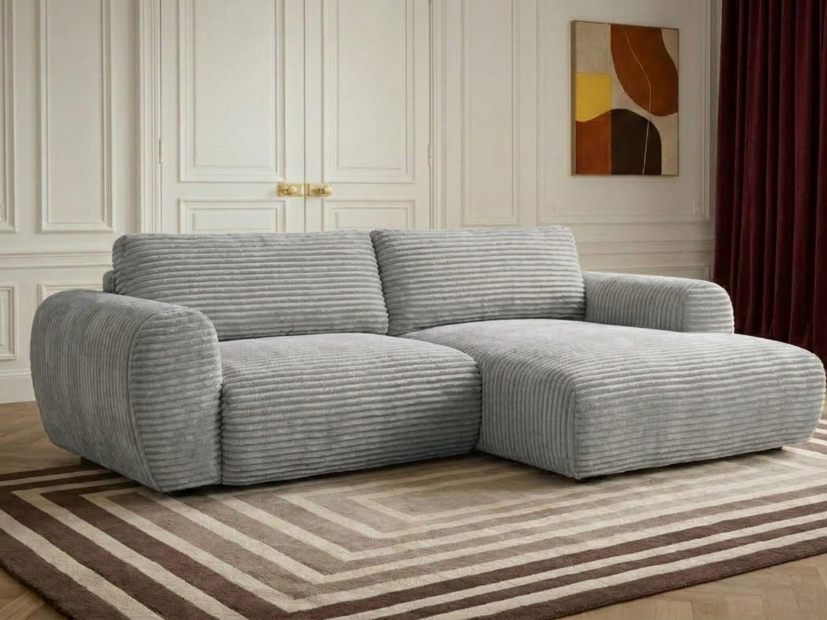 Canapé d'angle compact convertible coffre LUCIEN gros côtelé doux gris clair — vue 4