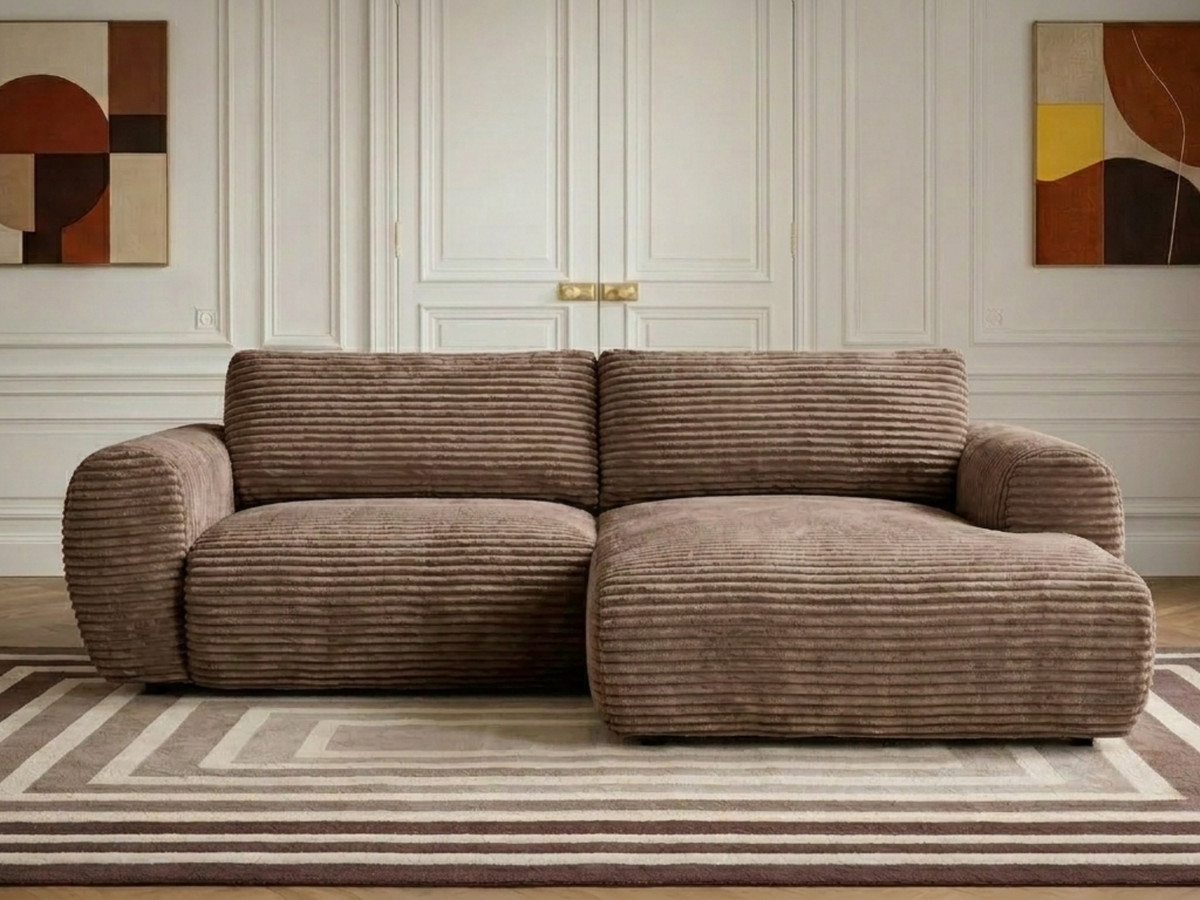 Canapé d'angle compact convertible coffre LUCIEN gros côtelé doux taupe — vue 5