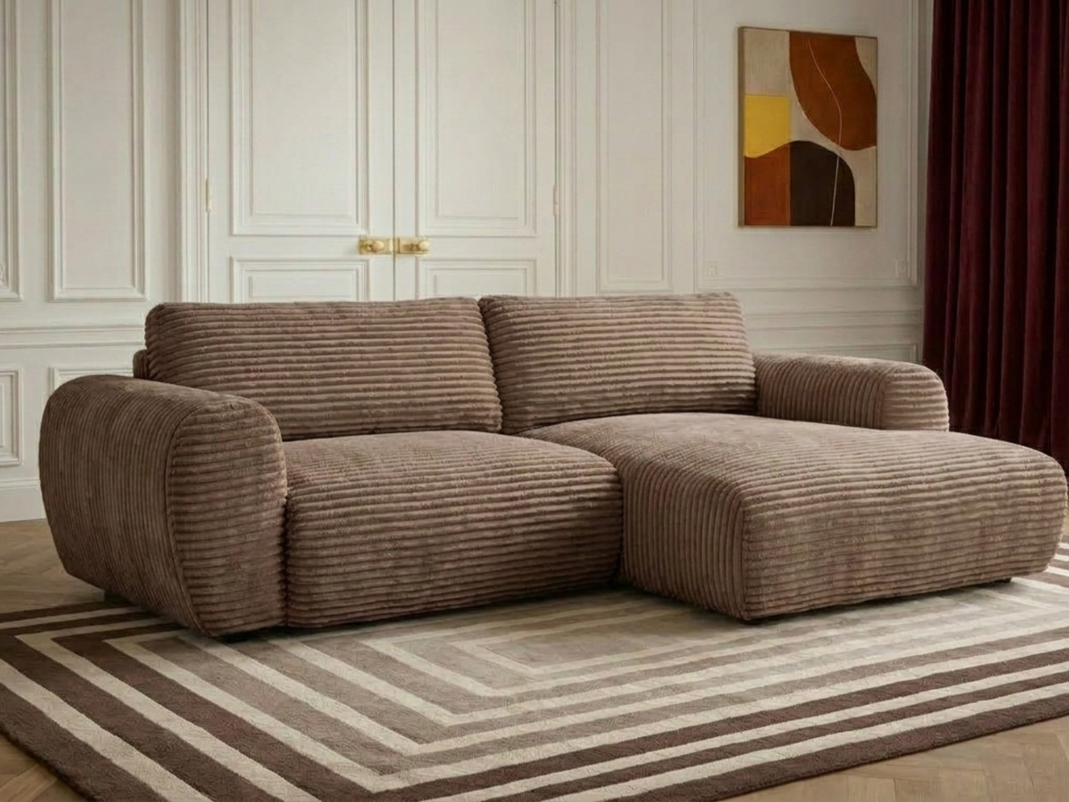 Canapé d'angle compact convertible coffre LUCIEN gros côtelé doux taupe — vue 4