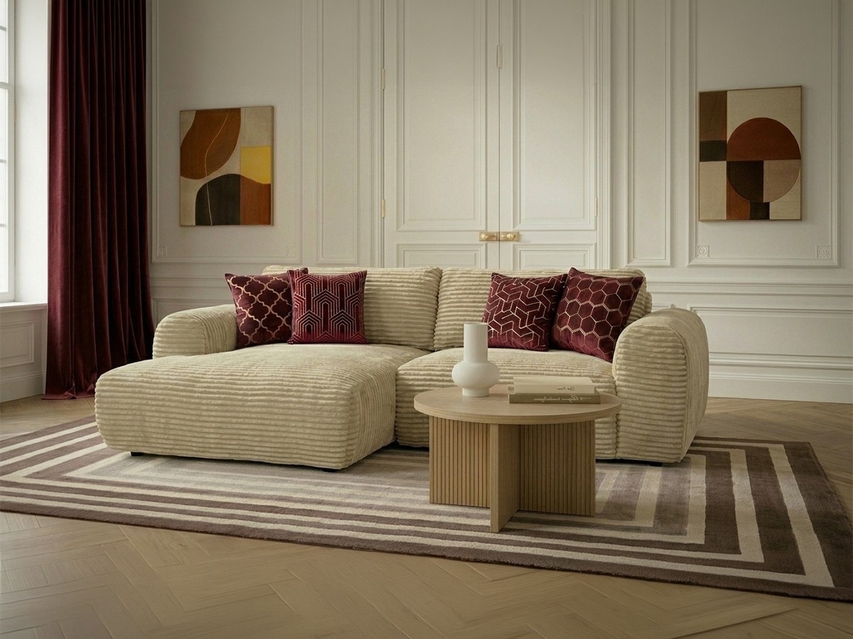 Canapé d'angle compact convertible coffre LUCIEN gros côtelé doux