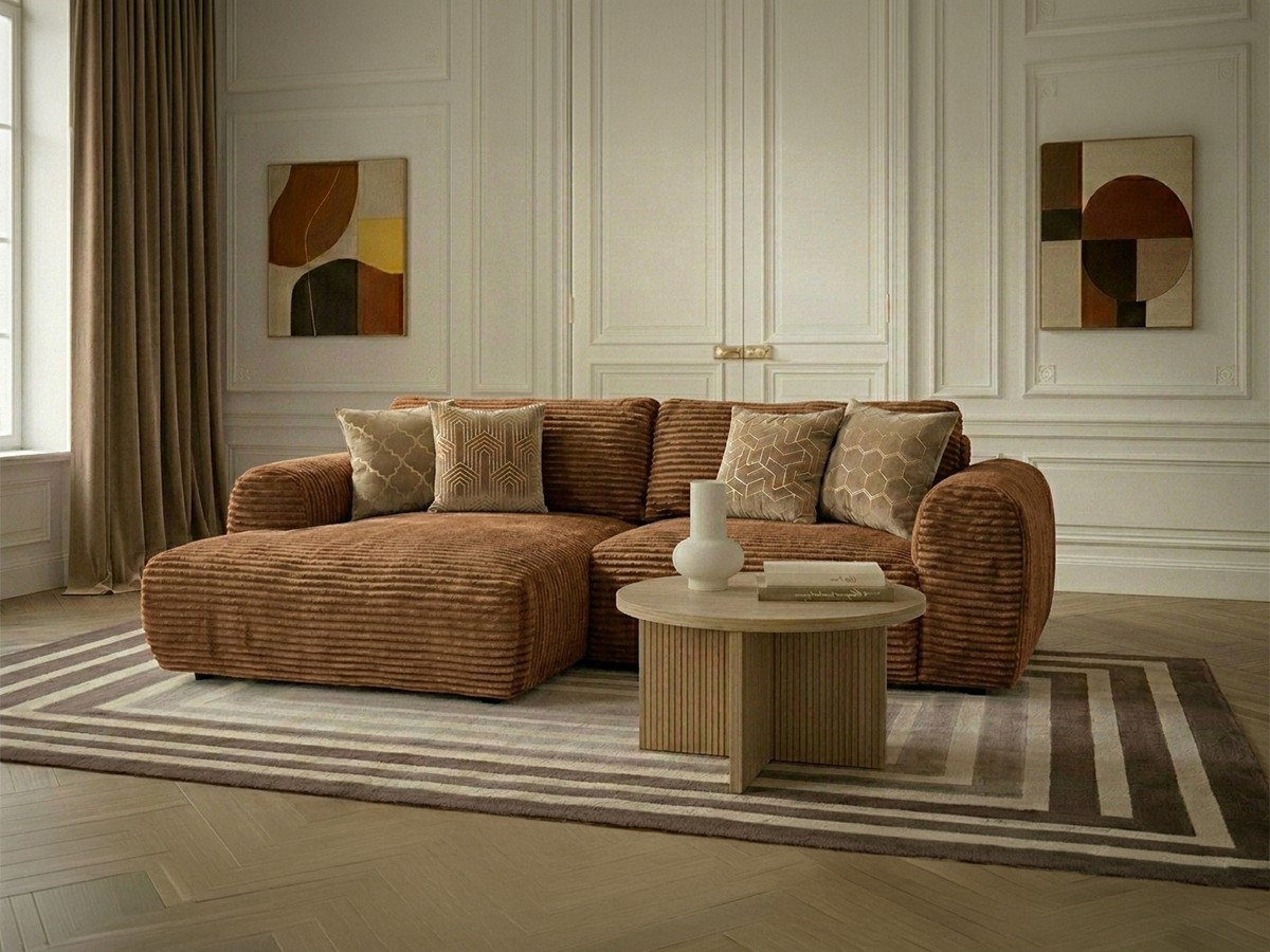 Canapé d'angle compact convertible coffre LUCIEN gros côtelé doux