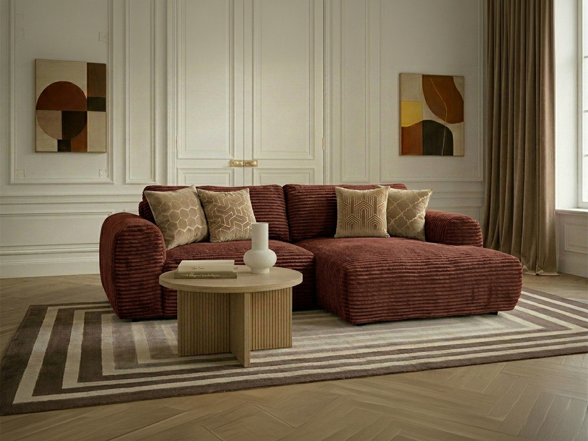 Canapé d'angle compact convertible coffre LUCIEN gros côtelé doux orange