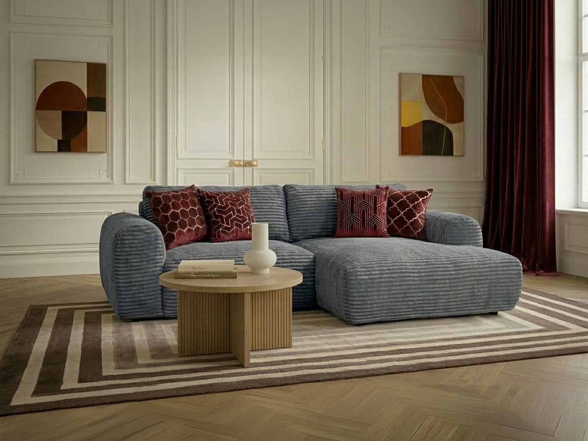 Canapé d'angle compact convertible coffre LUCIEN gros côtelé doux gris foncé