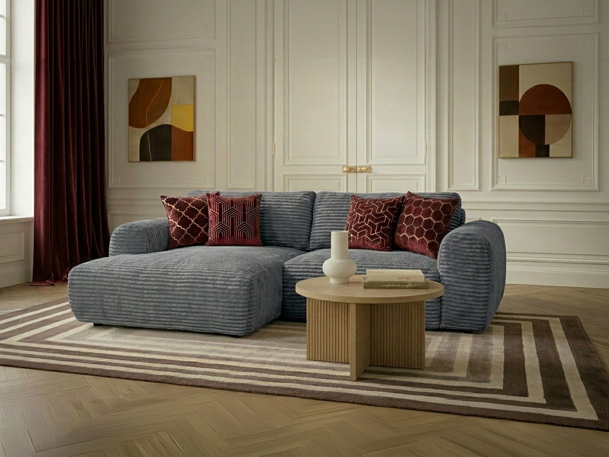 Canapé d'angle compact convertible coffre LUCIEN gros côtelé doux