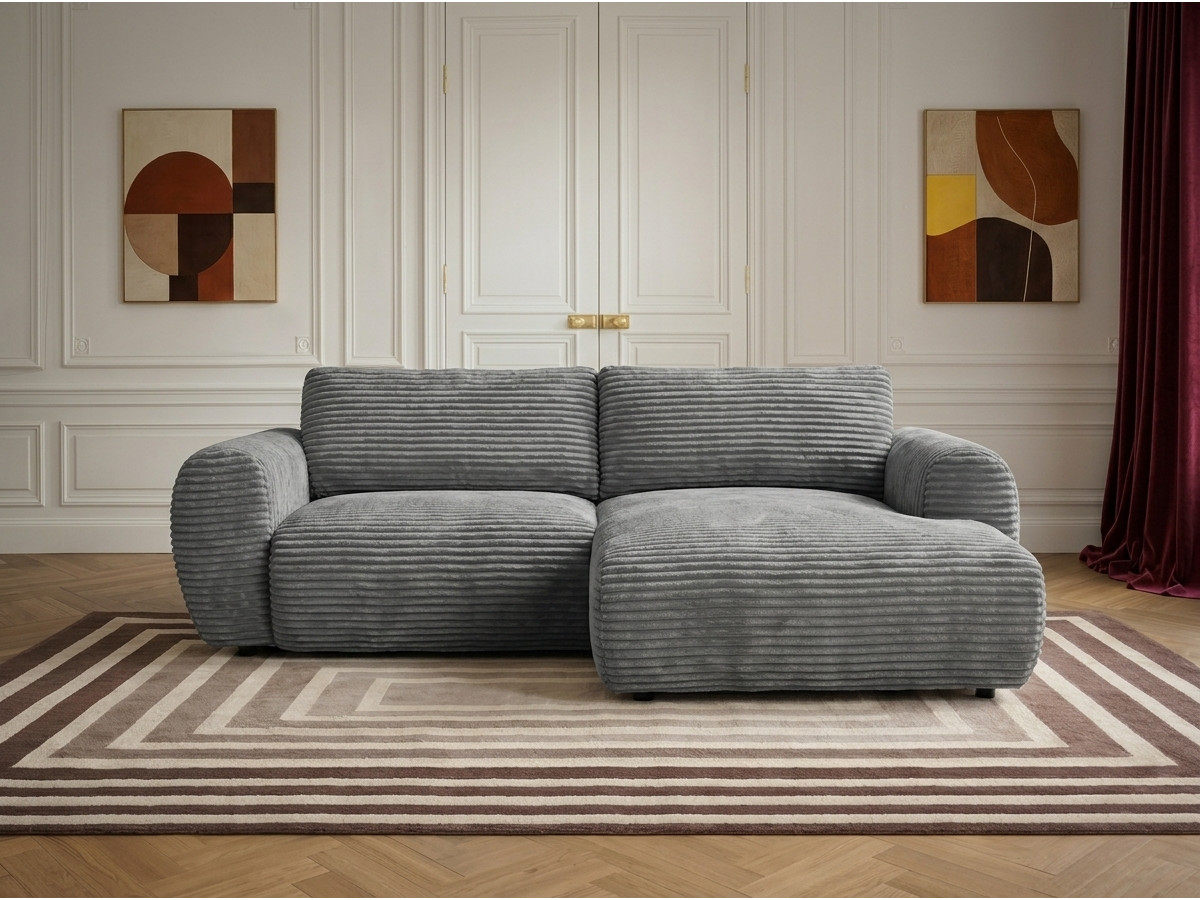 Canapé d'angle compact convertible coffre LUCIEN gros côtelé doux gris clair — vue 5