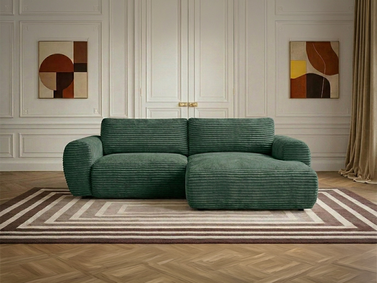 Canapé d'angle compact convertible coffre LUCIEN gros côtelé doux vert — vue 6