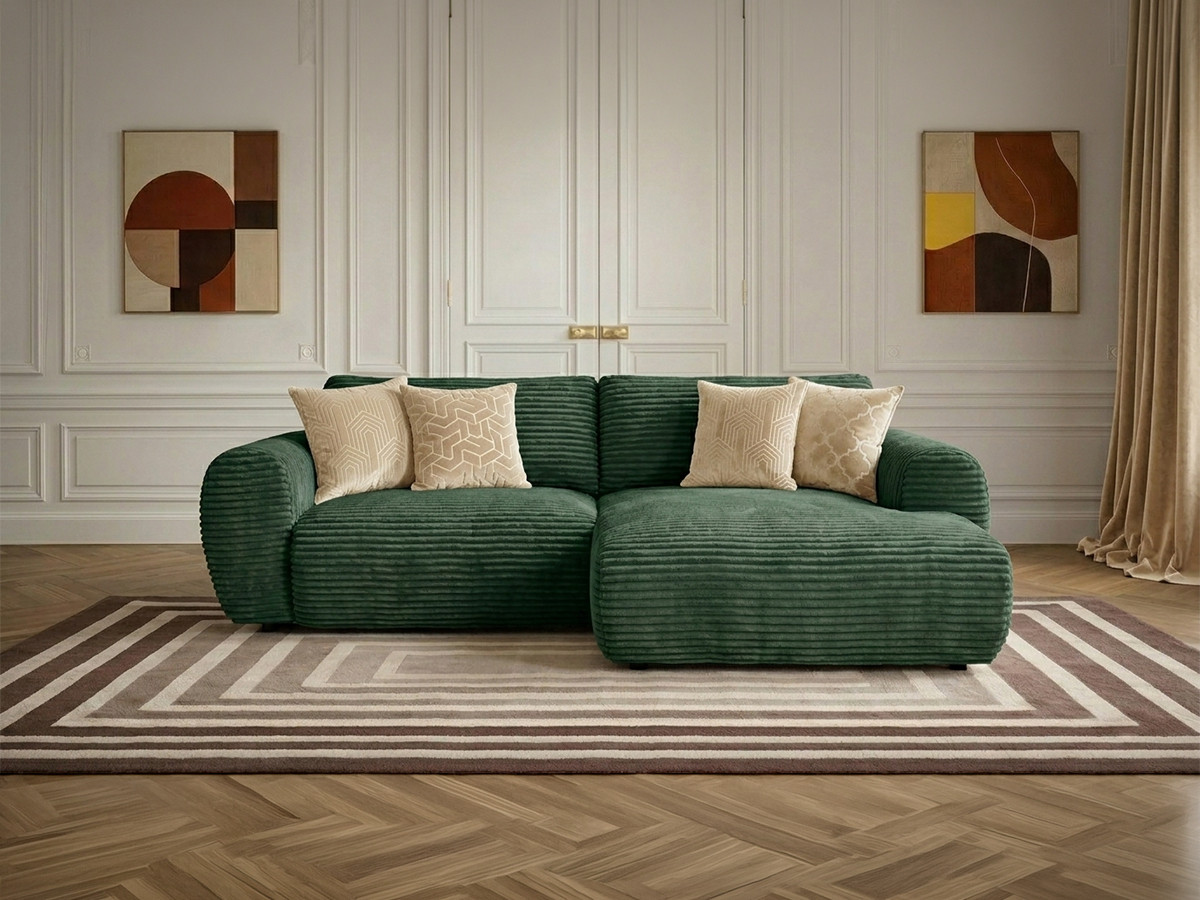 Canapé d'angle compact convertible coffre LUCIEN gros côtelé doux vert — vue 4