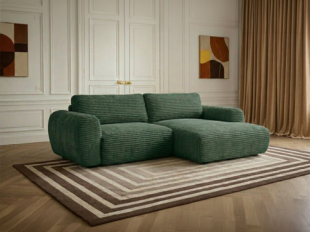 Canapé d'angle compact convertible coffre LUCIEN gros côtelé doux vert — vue 5