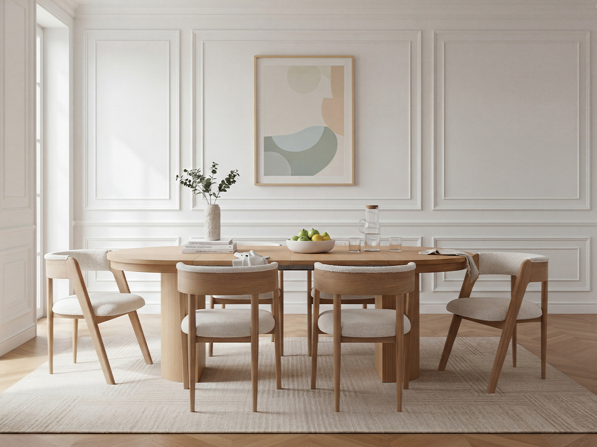 Ensemble PRADO avec table à manger extensible 110 à 210 cm + chaises BASTIDE placage chêne massif marron clair   BOBOCHIC