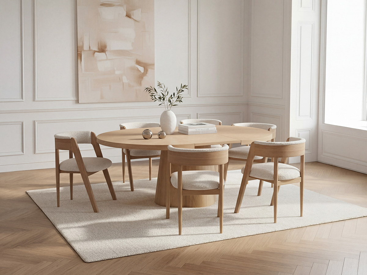 Ensemble SUGITON avec table à manger ronde extensible 130 à 180 cm + lot de chaises BASTIDE placage chêne massif