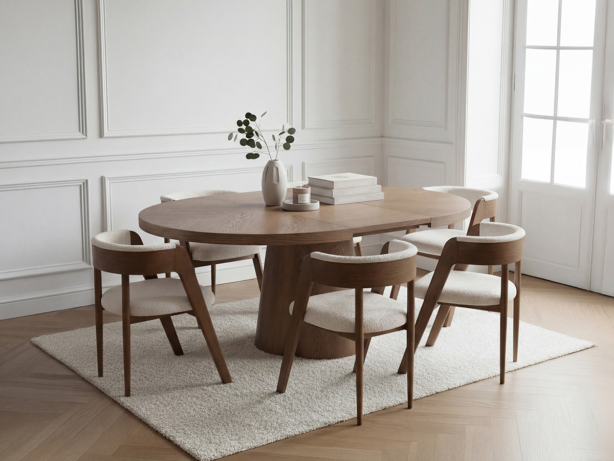 Ensemble SUGITON avec table à manger ronde extensible 130 à 180 cm + lot de chaises BASTIDE placage chêne massif