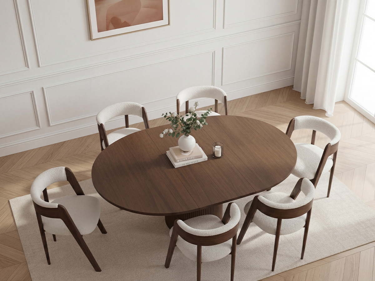 SORMIOU set met ronde uitschuifbare eettafel 130 tot 180 cm + BASTIDE stoelset in massief eiken fineer