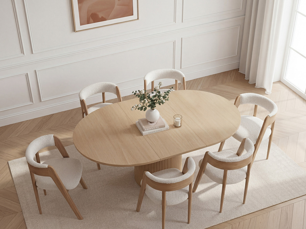 SORMIOU set met ronde uitschuifbare eettafel 130 tot 180 cm + BASTIDE stoelset in massief eiken fineer