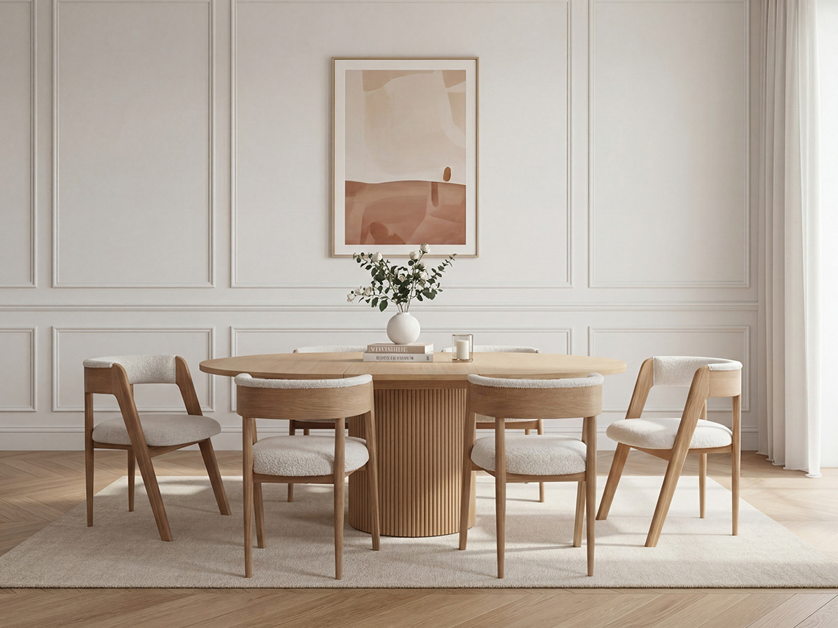 Ensemble SORMIOU avec table à manger ronde extensible 130 à 180 cm + lot de chaises BASTIDE placage chêne marron clair BOBOCHIC Ensemble SORMIOU avec table à manger ronde extensible 130 à 180 cm + lot de chaises BASTIDE placage chêne marron clair BOBOCHIC