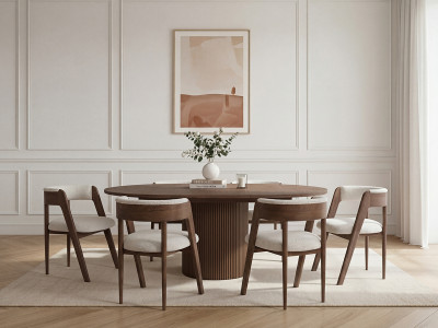 Ensemble SORMIOU avec table à manger ronde extensible 130 à 180 cm + lot de chaises BASTIDE placage chêne massif