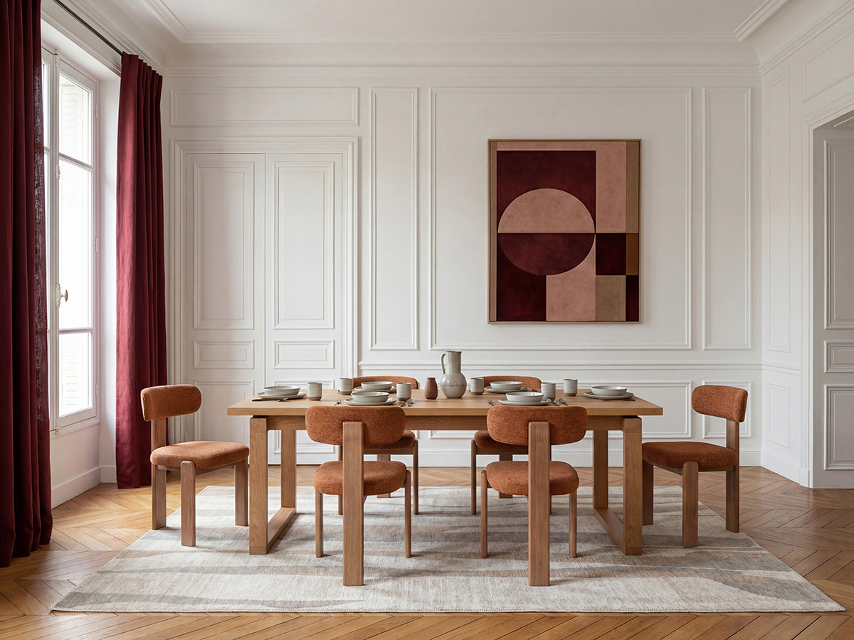 MARIN set eettafel 220 cm in eikenkleur + TANYA stoelen in massief eiken en textuurstof