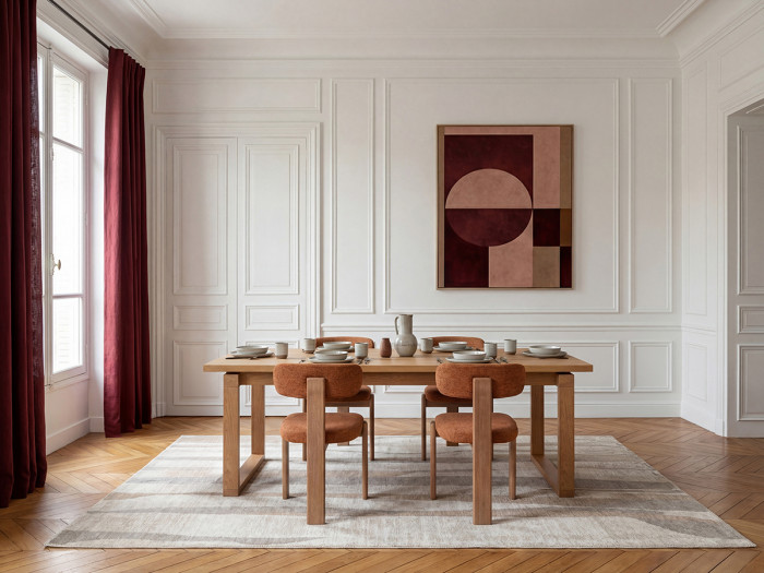 Ensemble MARIN avec table à manger 220 cm couleur chêne + lot de chaises TANYA chêne massif et tissu texturé