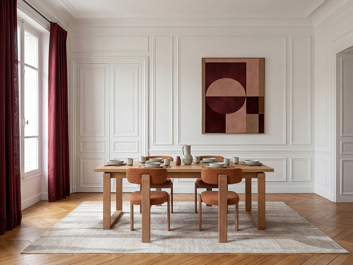 MARIN set eettafel 220 cm in eikenkleur + TANYA stoelen in massief eiken en textuurstof