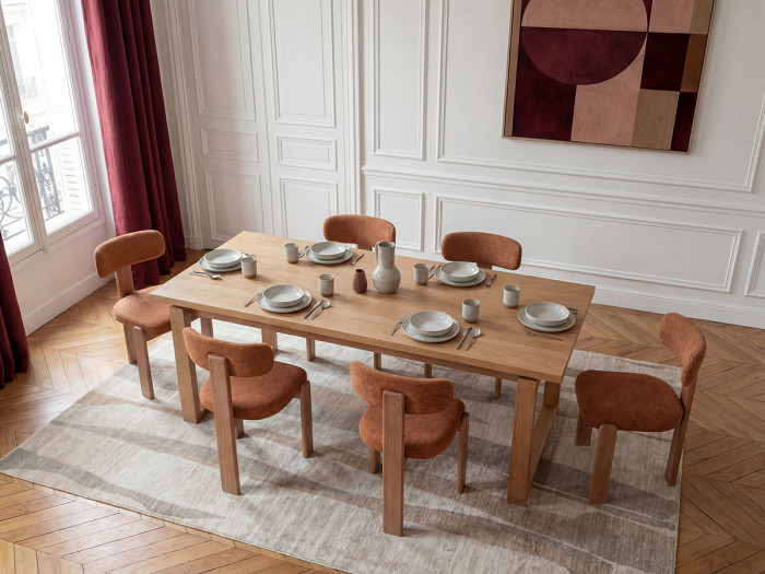 Ensemble MARIN avec table à manger 220 cm couleur chêne + lot de chaises TANYA chêne massif et tissu texturé