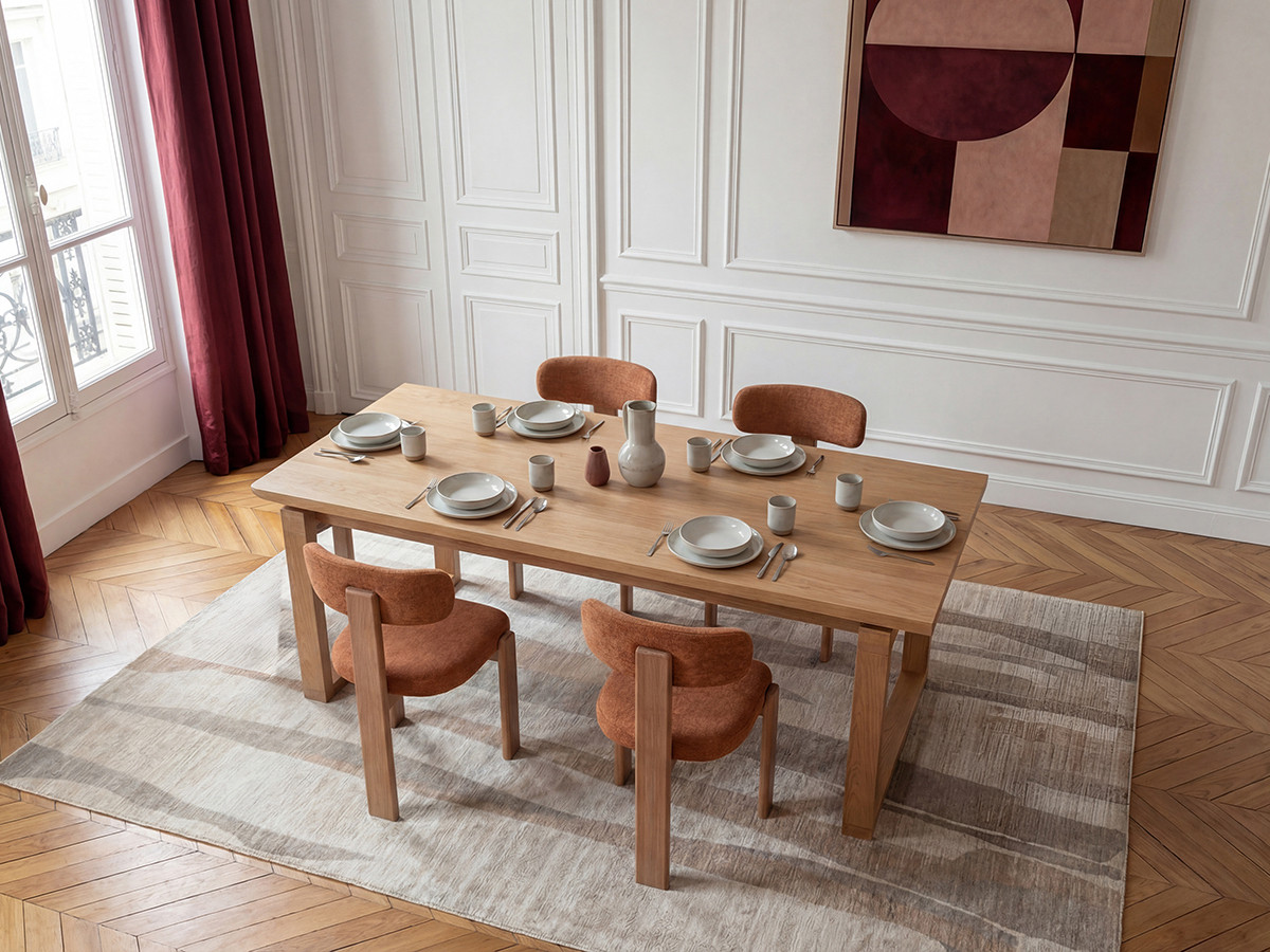 MARIN set eettafel 220 cm in eikenkleur + TANYA stoelen in massief eiken en textuurstof