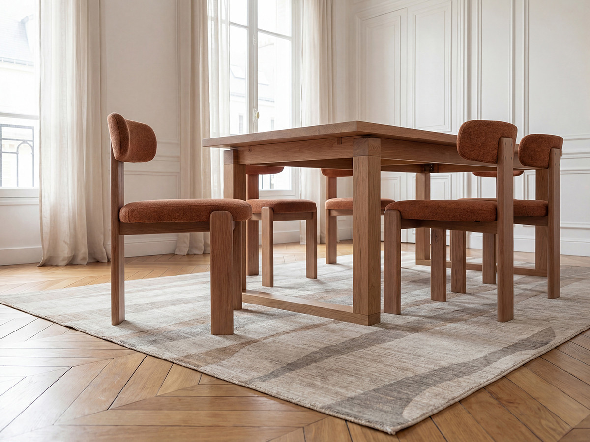 MARIN set eettafel 220 cm in eikenkleur + TANYA stoelen in massief eiken en textuurstof