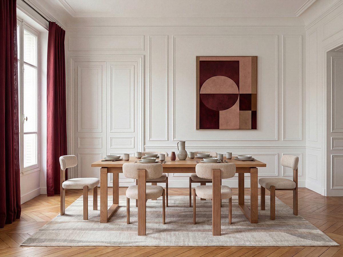 marin set eettafel 220 cm in eikenkleur + tanya stoelen in massief eiken en textuurstof gekleurd beige