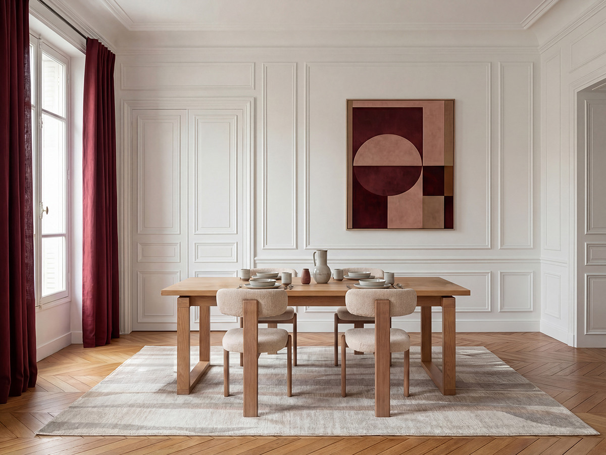 MARIN set eettafel 220 cm in eikenkleur + TANYA stoelen in massief eiken en textuurstof