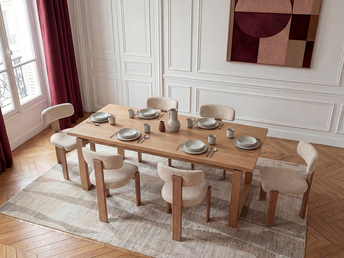 MARIN set eettafel 220 cm in eikenkleur + TANYA stoelen in massief eiken en textuurstof