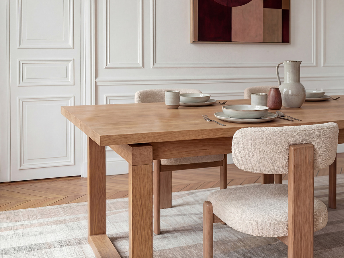 MARIN set eettafel 220 cm in eikenkleur + TANYA stoelen in massief eiken en textuurstof