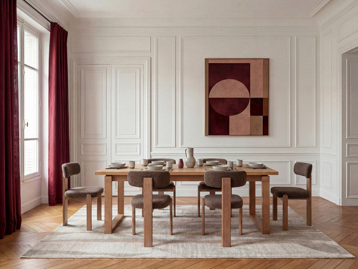 Ensemble MARIN avec table à manger 220 cm couleur chêne + lot de chaises TANYA chêne massif et tissu texturé