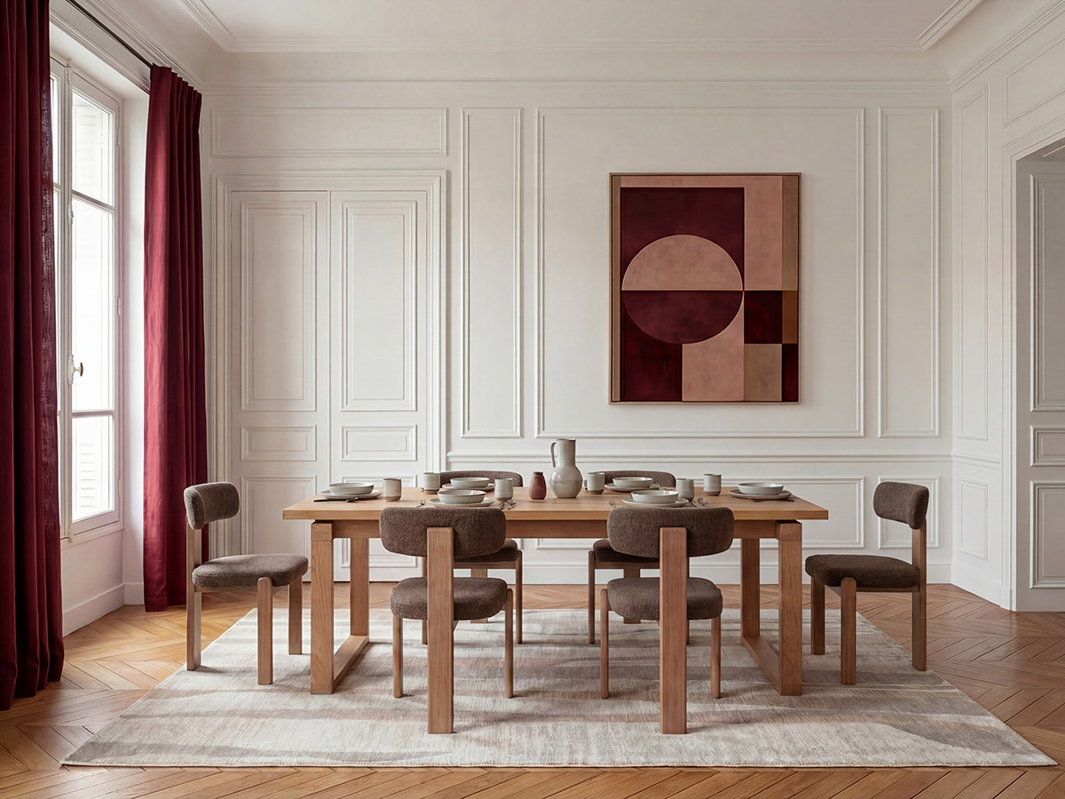 marin set eettafel 220 cm in eikenkleur + tanya stoelen in massief eiken en textuurstof gekleurd bruin