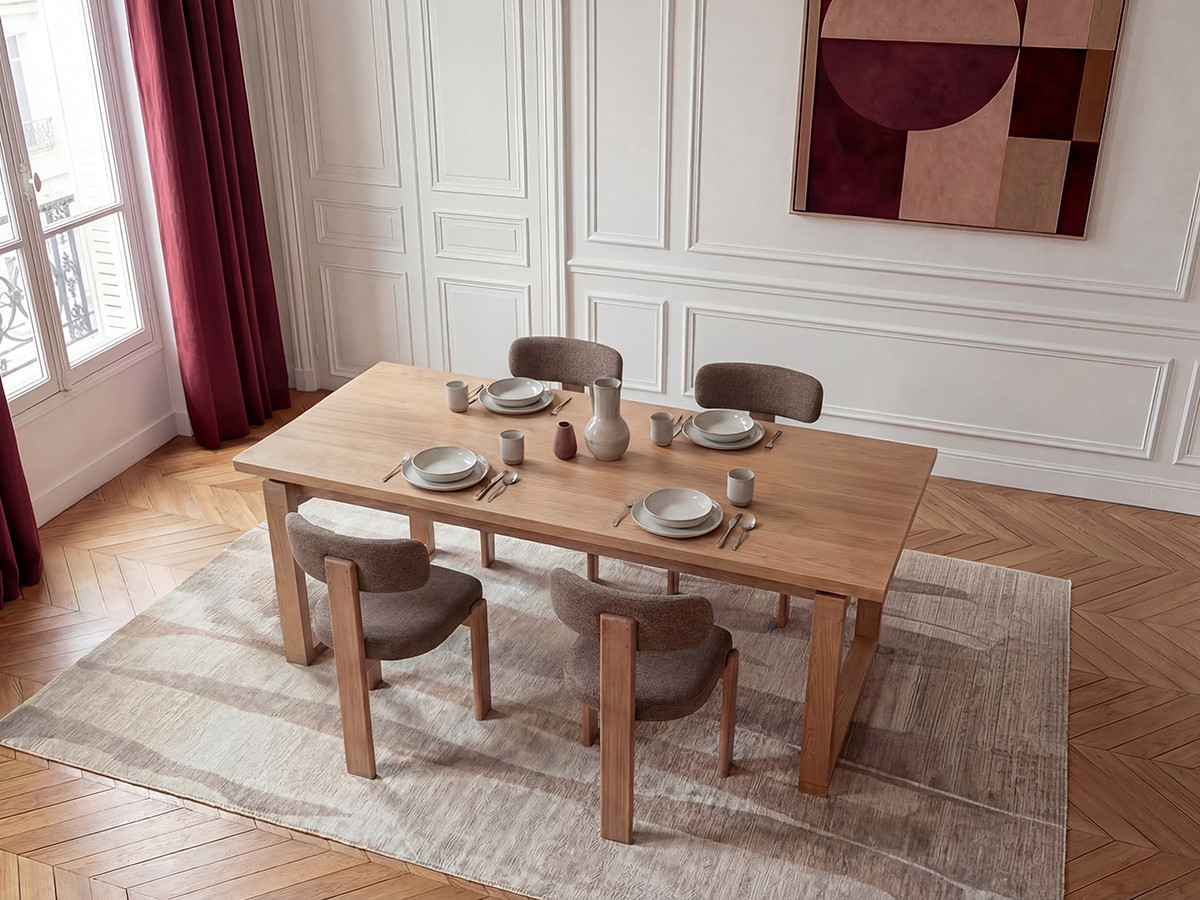 MARIN set eettafel 220 cm in eikenkleur + TANYA stoelen in massief eiken en textuurstof