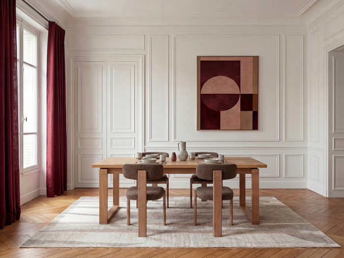 Ensemble MARIN avec table à manger 220 cm couleur chêne + lot de chaises TANYA chêne massif et tissu texturé