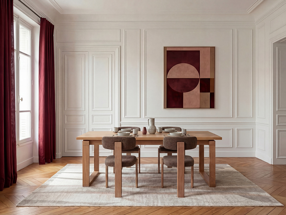 marin set eettafel 220 cm in eikenkleur + tanya stoelen in massief eiken en textuurstof gekleurd bruin