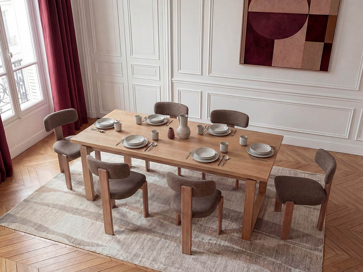 MARIN set eettafel 220 cm in eikenkleur + TANYA stoelen in massief eiken en textuurstof