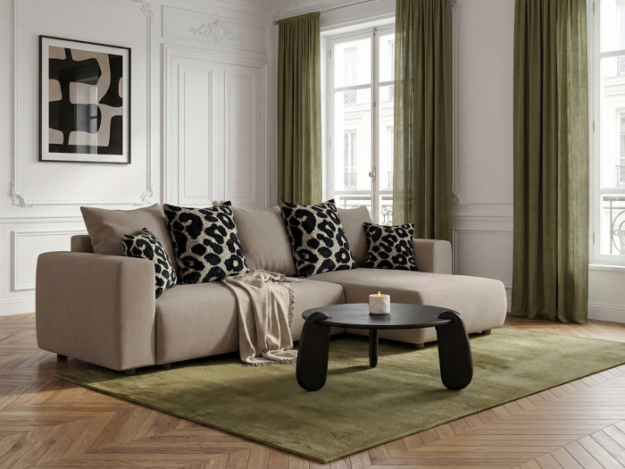 Canapé d'angle convertible réversible coffre SIDONIE avec coussins à motif léopard