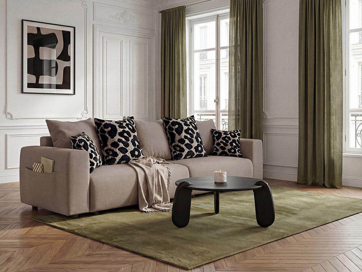 Canapé droit convertible SIDONIE avec coussins à motif léopard