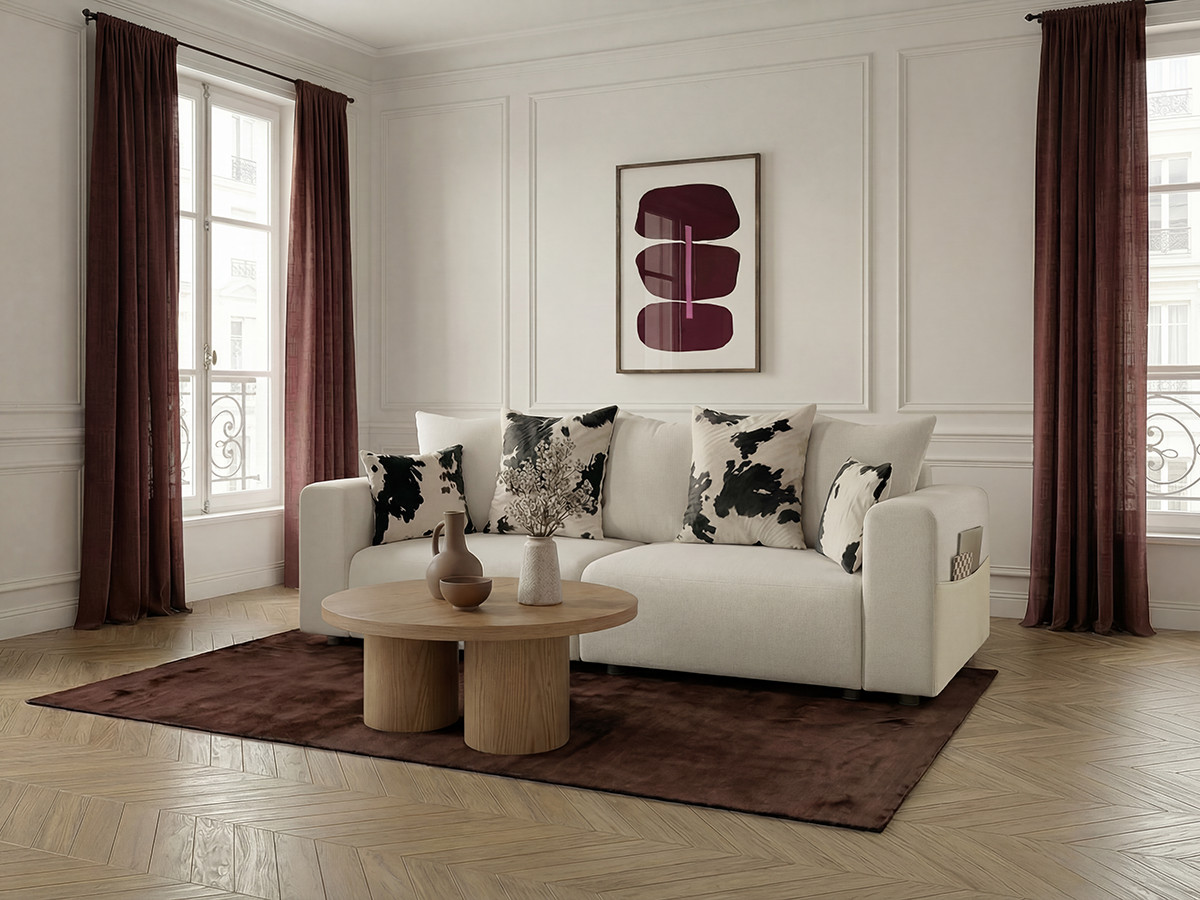 Canapé droit convertible SIDONIE avec coussins à motif vache