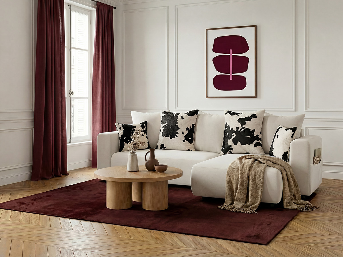 Canapé d'angle convertible réversible coffre SIDONIE avec coussins à motif vache