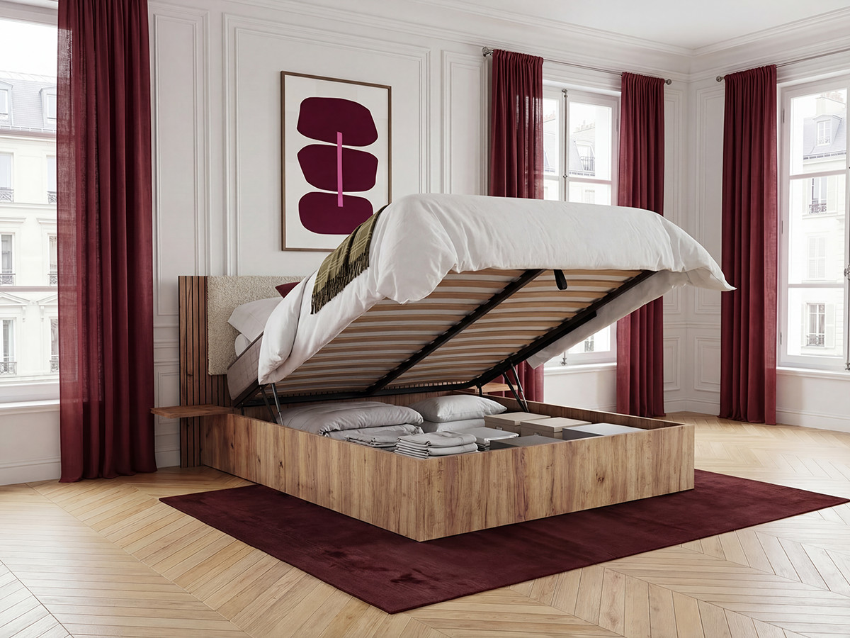 Lit coffre LIOR avec chevets intégrés beige — vue 6