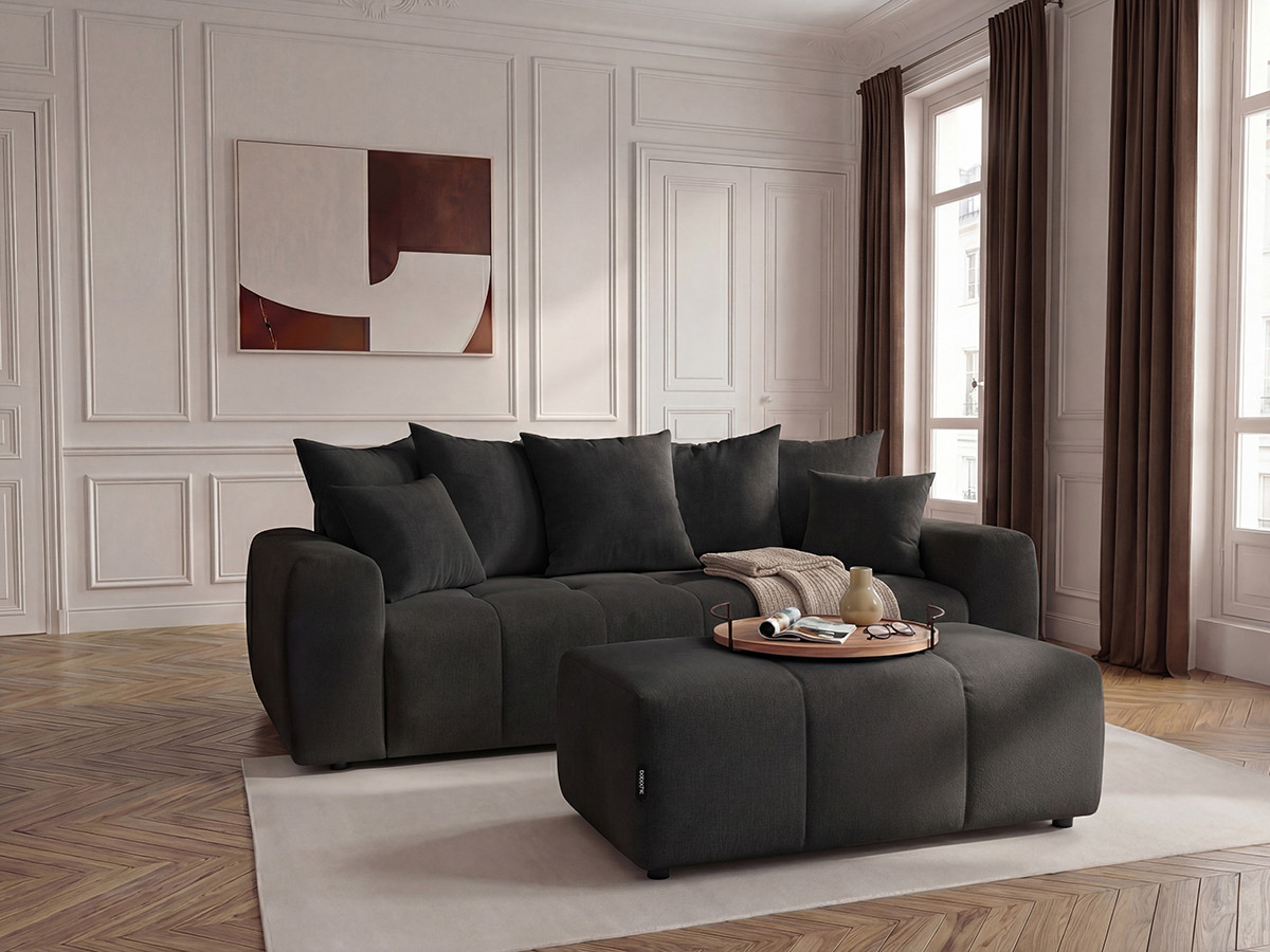 Canapé 3 places convertible ROXELANE chiné avec pouf gris foncé